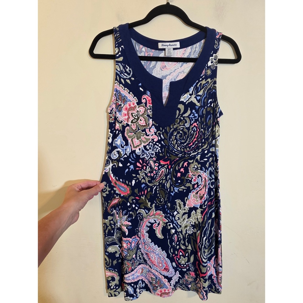 Tommy Bahama Paisley Promenade Tambour Dress Navy Blue Small TW616930 Pockets - Picture 2 of 9